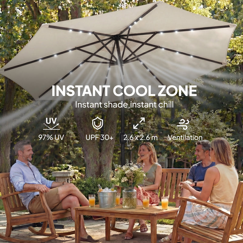 Garden Parasol with Lights and UPF30+ Adjustable Shade for Day and Night Use