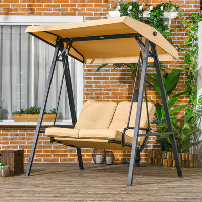 Beige Two Seater Garden Swing Bench With Adjustable Canopy For Shaded Outdoor Relaxing