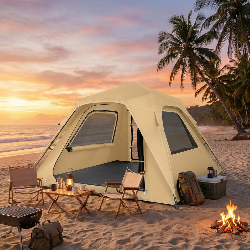 Pop Up Family Tent for 3 to 4 People with Instant Setup and All Weather Protection Khaki