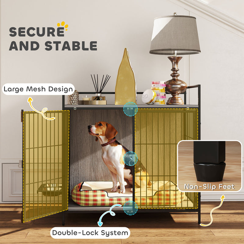 Grey Dog Crate Furniture with Rotating Bowl Holder and Double Doors for Medium Dogs by PawHut