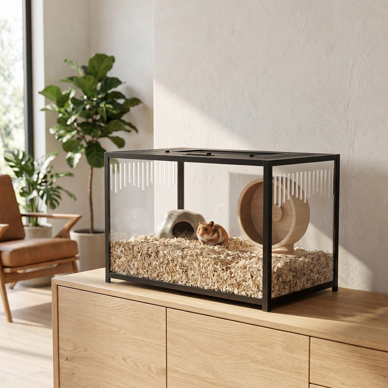 Hamster Cage With Deep Base for Digging and Easy Cleaning Black Transparent