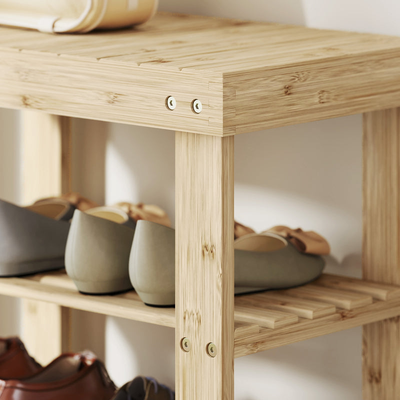 3 Tier Bamboo Shoe Storage Bench With Seat For Hallway Or Entryway, Natural Wood AOSOM
