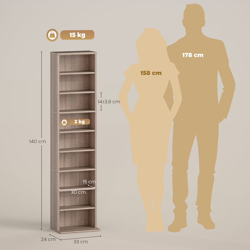 Narrow Wooden CD Storage Tower With Adjustable Shelves For Home Office Natural AOSOM