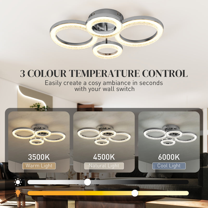Modern LED Ceiling Light with 4 Ring Design and Adjustable Colour for Living Room Silver Tone AOSOM