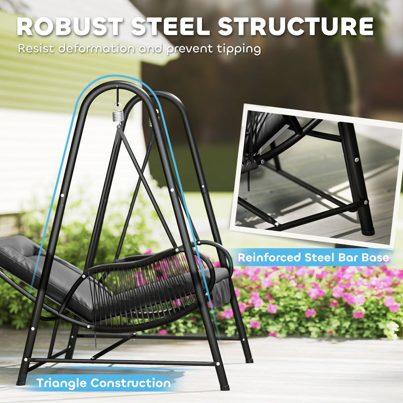 Dark Grey Rattan Hanging Swing Chair With Stand and Cushion for Garden and Balcony by Outsunny