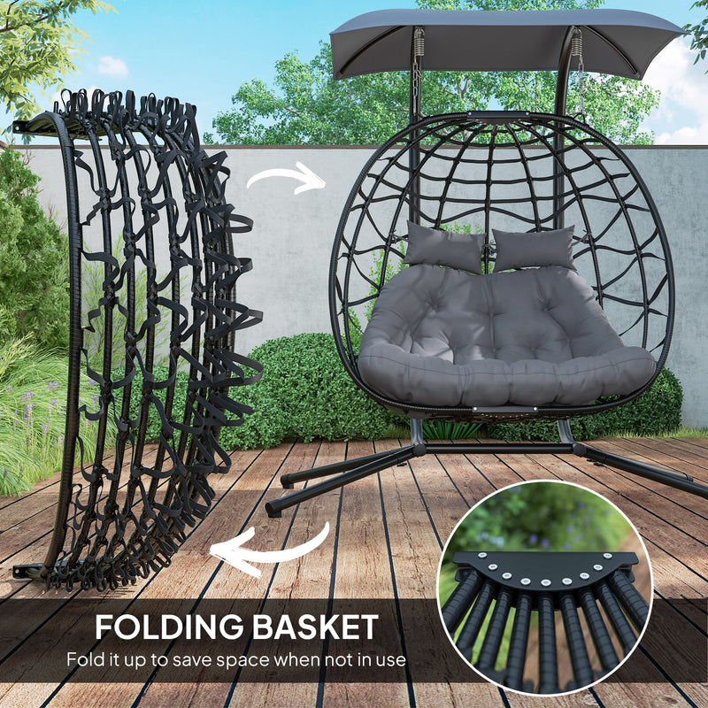 Black Rattan Double Hanging Egg Chair With Canopy and Cushions for Garden by Outsunny