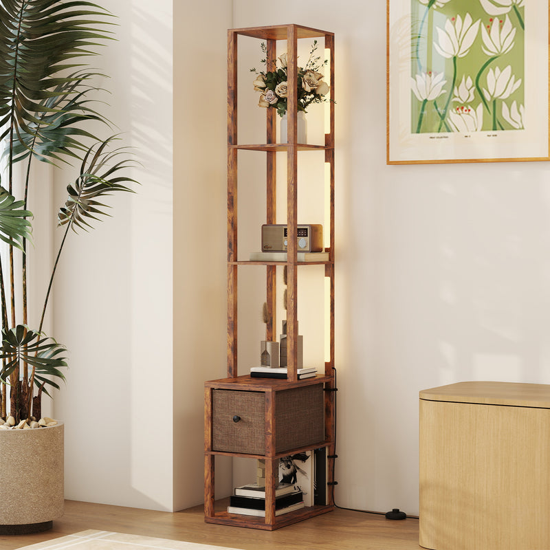 Modern LED Floor Lamp With Shelves And Drawer For Living Room Or Bedroom, Rustic Brown