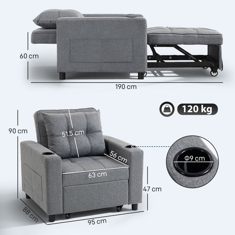 3 in 1 Convertible Single Sofa Bed Chair Ideal for Small Spaces Dark Grey Homcom
