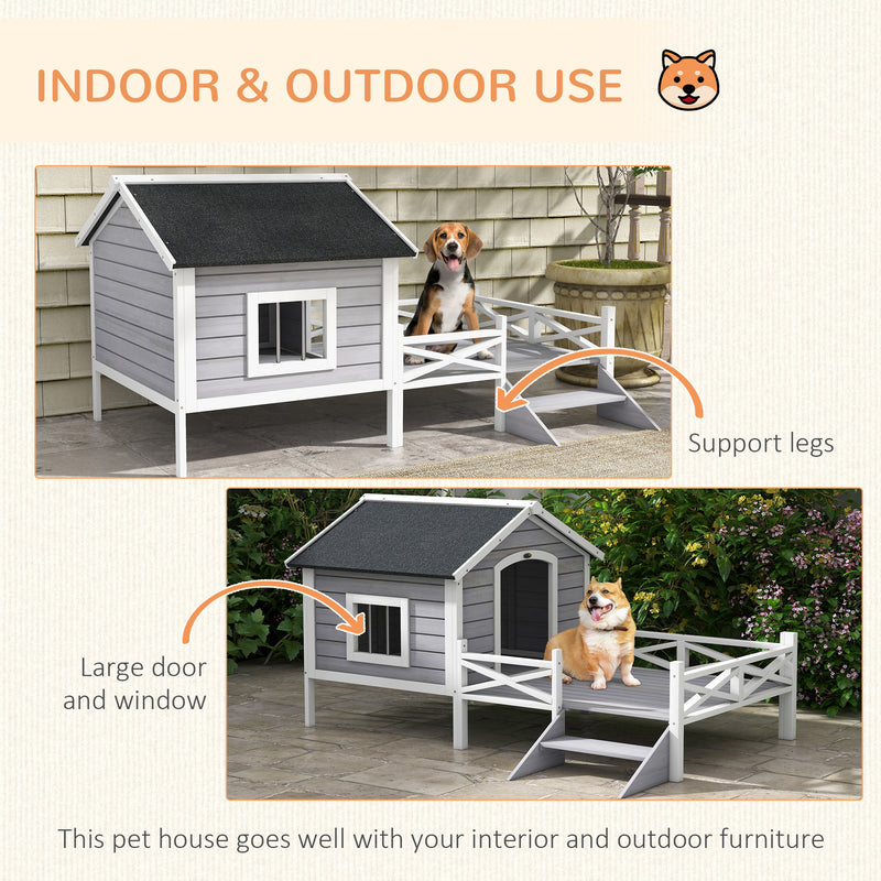 Outdoor Wooden Dog House with Covered Porch for Small to Medium Pets, Grey