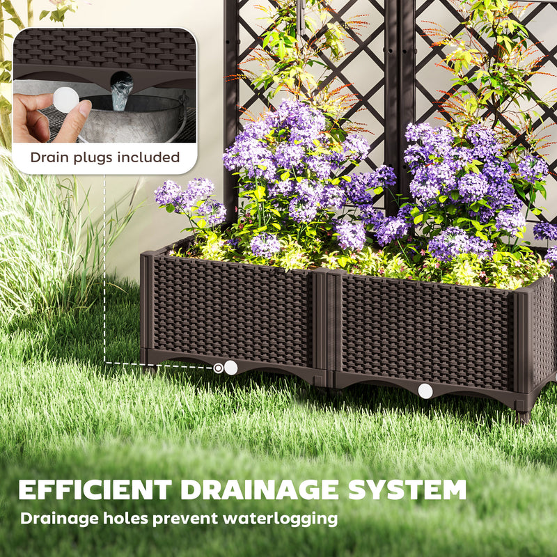 Brown Raised Garden Bed with Trellis Plastic Planter Box with Drainage for Climbing Plants by Outsunny
