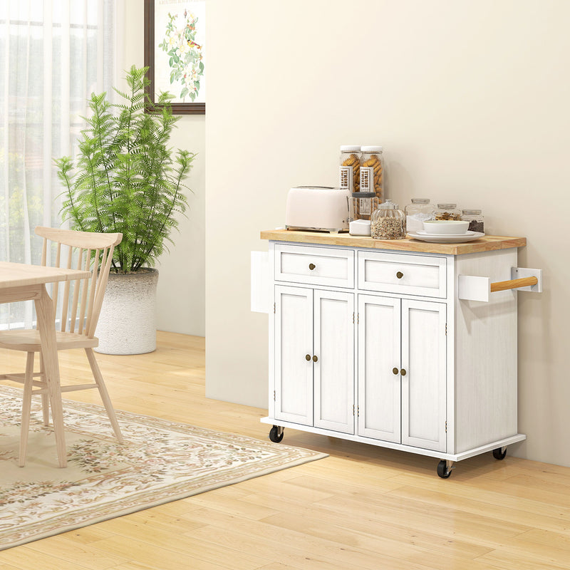 White Rolling Kitchen Island Trolley with Rubber Wood Top and Storage Drawers by HOMCOM