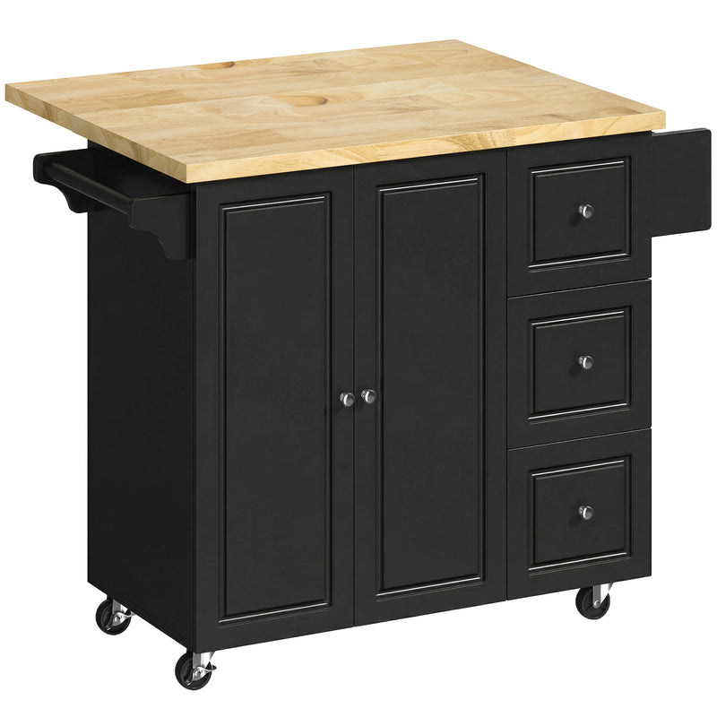Black Mobile Kitchen Island Trolley With Drop Leaf, Storage Shelves, Drawers, and Rubber Wood Counter Top For Easy Meal Prep