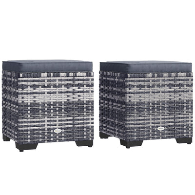 Set of 2 Rattan Storage Ottomans with Cushions for Garden Balcony and Living Room Dark Grey by Outsunny
