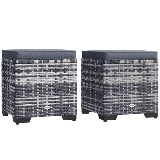 Set of 2 Rattan Storage Ottomans with Cushions for Garden Balcony and Living Room Dark Grey by Outsunny
