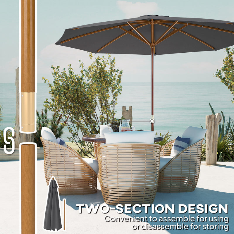 Dark Grey 3m Wooden Garden Parasol Adjustable Sun Shade for Patio or Decking by Outsunny