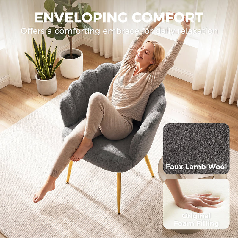 Accent Chair for Bedroom or Lounge with Soft Faux Lamb Wool and Petal Back Grey