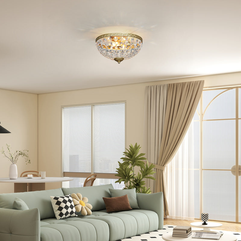 2 Light Flush Mount Crystal Chandelier with 168 Beads for Living Room or Bedroom, Gold Tone