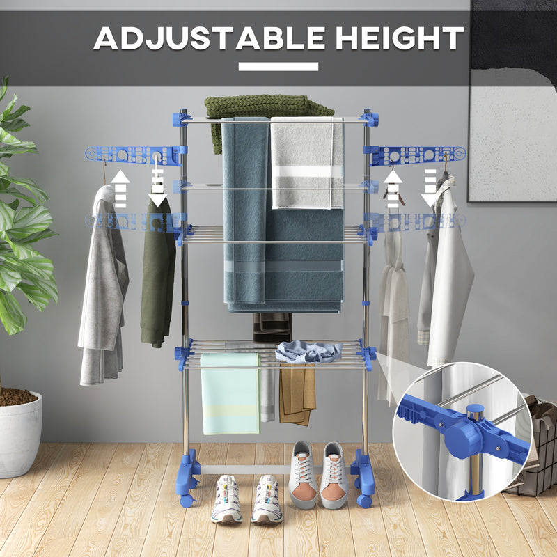 Folding Three Tier Clothes Airer With Side Arms And Wheels For Indoor Drying, Blue