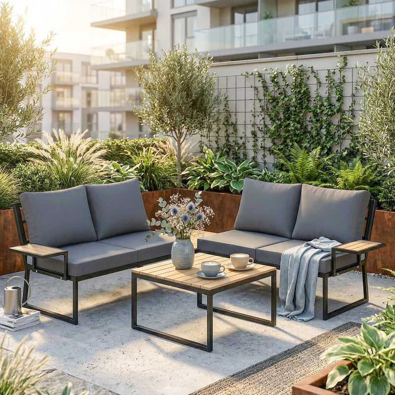 4-Piece Modular Garden Sofa Set with 12cm Back Cushions and Nesting Tables — Teak, Grey or Black