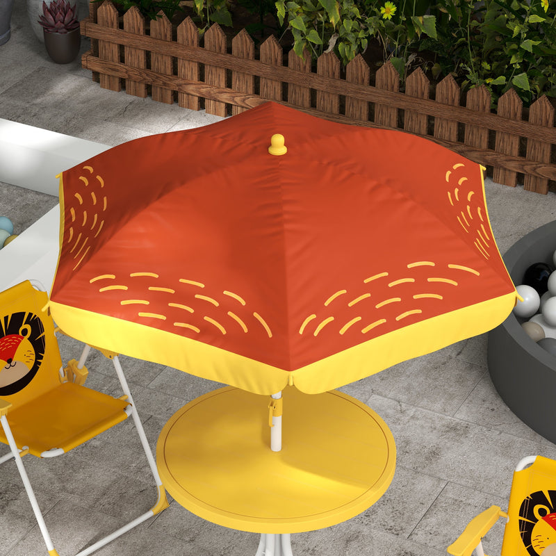 Yellow Kids Garden Picnic Table Set With Lion Design Foldable Chairs And Parasol
