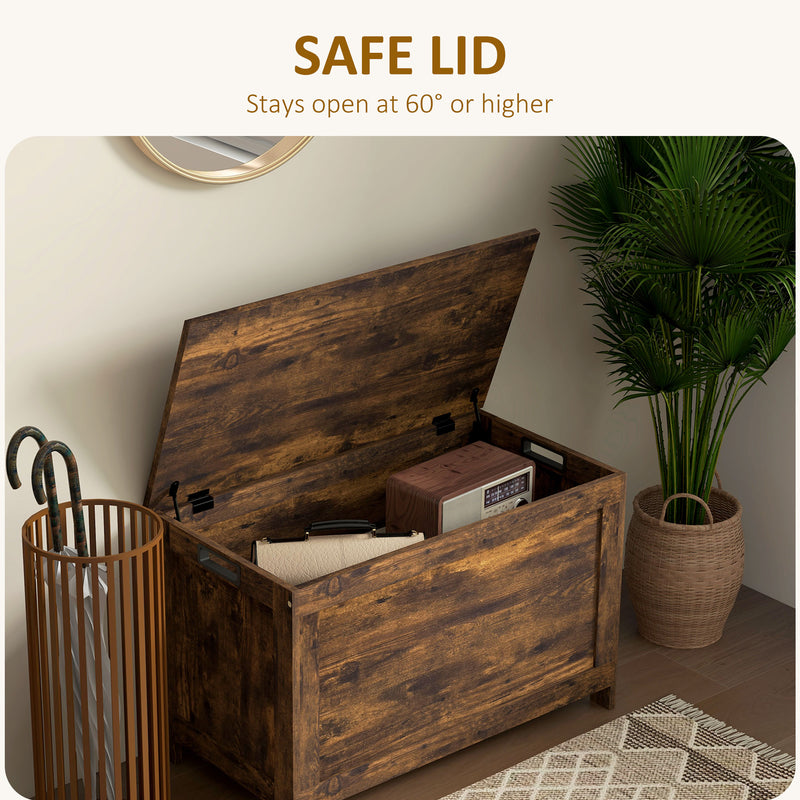 Rustic Brown Wooden Storage Chest with Safety Hinges and Cut Out Handles
