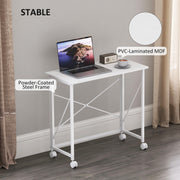 White 80 cm Folding Desk on Wheels Space Saving Table for Home Office or Study