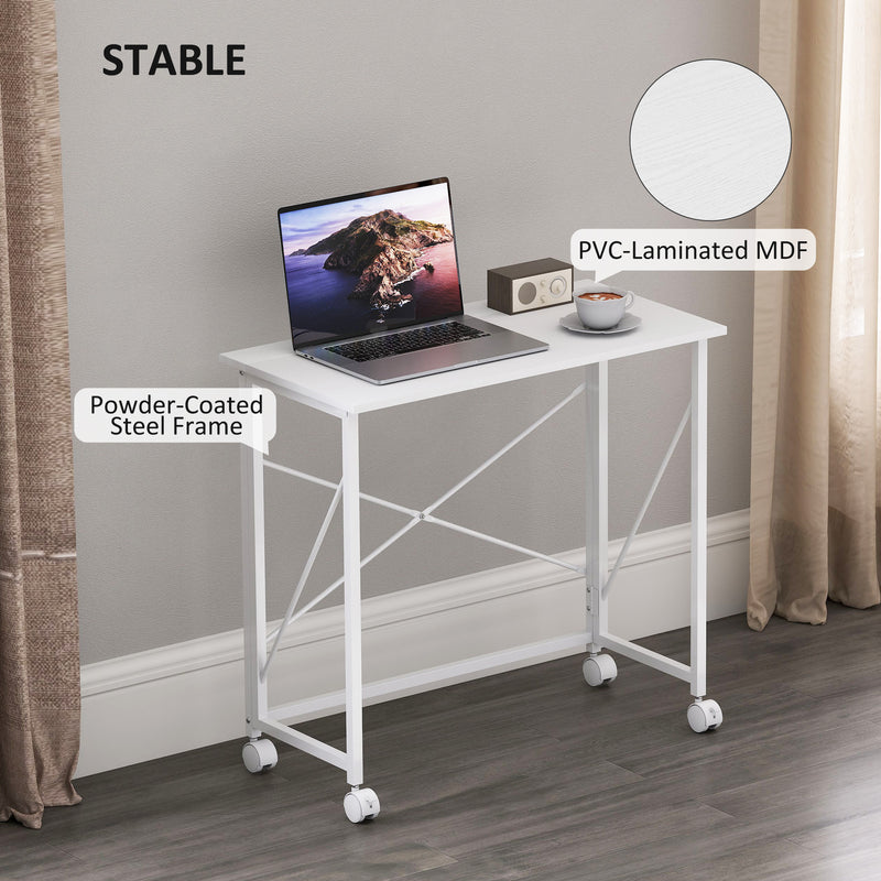 White 80 cm Folding Desk on Wheels Space Saving Table for Home Office or Study