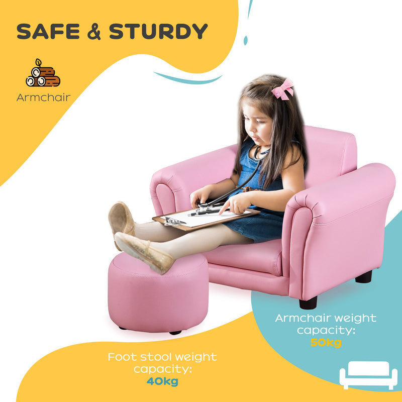 Kids Armchair with Footstool Soft Upholstered Single Seater Sofa for Toddlers, Pink