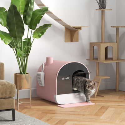 Covered Cat Litter Box with Scoop Filter and Flap Door for Odour Control, Pink