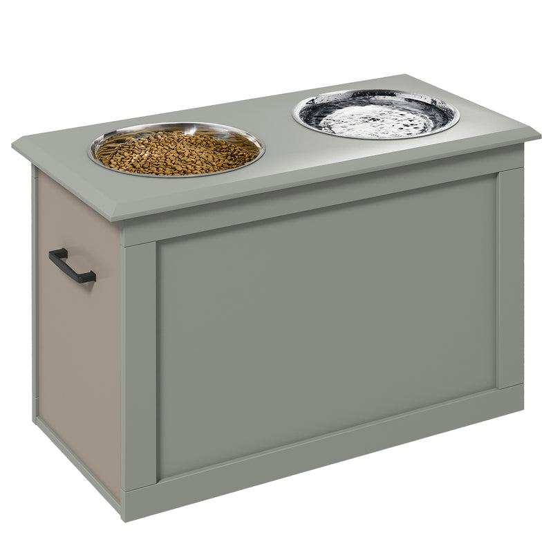 Elevated Dog Feeder With Storage Compartment And Two Stainless Steel Bowls, Grey