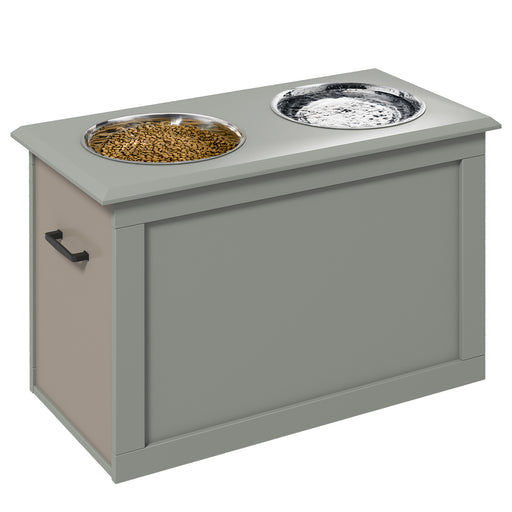 Elevated Dog Feeder With Storage Compartment And Two Stainless Steel Bowls, Grey