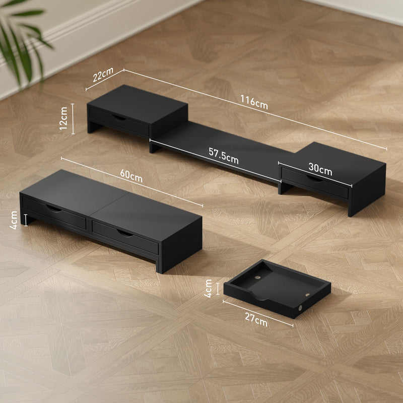 Dual Monitor Stand Riser with 2 Drawers Adjustable Length for PC Laptop and Printer Black by HOMCOM