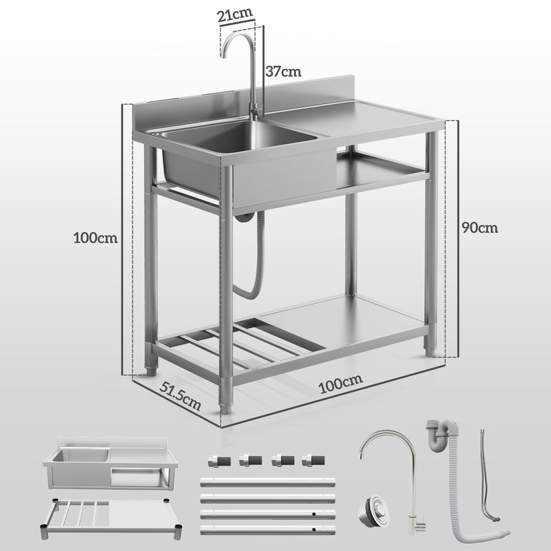 Outdoor Stainless Steel Freestanding Kitchen Sink with Storage and Mixer Tap by HOMCOM AOSOM