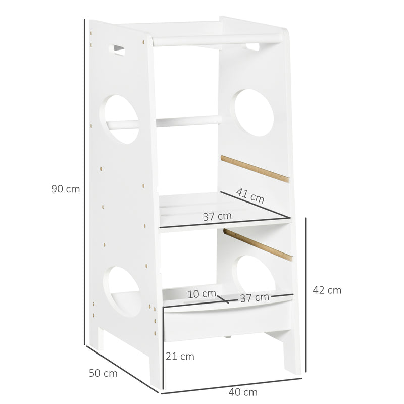 White Toddler Step Stool With Safety Rail Adjustable Kitchen Helper Tower For Kids