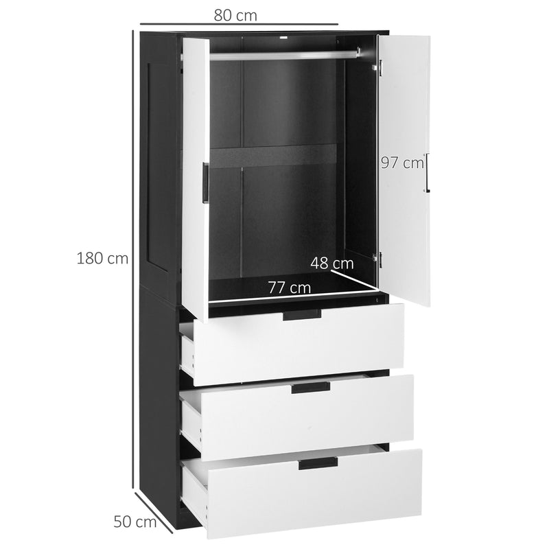 Modern 2 Door Bedroom Wardrobe With 3 Drawers And Hanging Rail For Storage Black