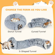 2 in 1 Donut Cat Tunnel Bed with Toy Ball and Door Hole for Indoor Play, Light Grey