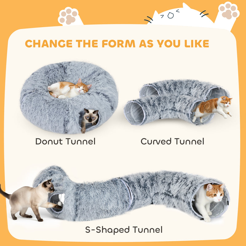 2 in 1 Donut Cat Tunnel Bed with Toy Ball and Door Hole for Indoor Play, Light Grey