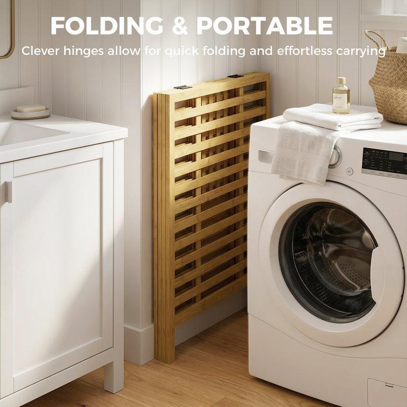 Double Laundry Basket With Removable Bags and Top Shelf for Easy Sorting Natural Bamboo Cream
