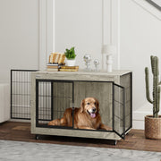 Grey Dog Crate Furniture with Wheels and Double Doors for Large Dogs 100 x 60 x 73.5cm by PawHut