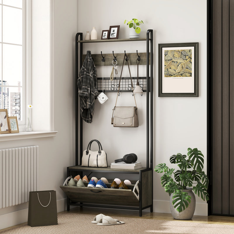 5 in 1 Industrial Hallway Coat Rack With Bench Shoe Storage And Hooks, Grey Black