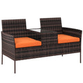 Rattan Garden Companion Seat with Central Table and Cushions for Two Brown Outsunny