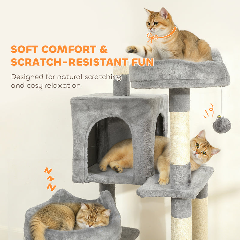 Tall Multi Level Cat Tree for Two or More Cats with Scratch Posts and Cosy Beds Light Grey