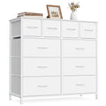 Cloud white fabric chest of 10 drawers with steel frame, shown straight on with decor on top