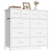 Cloud white fabric chest of 10 drawers with steel frame, shown straight on with decor on top