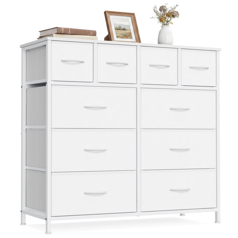 Cloud white fabric chest of 10 drawers with steel frame, shown straight on with decor on top