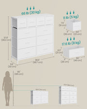 Dimensions diagram showing the 98.7 x 30 x 96.2 cm size and drawer load limits of the 10 drawer chest