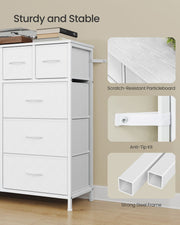Close-ups of the scratch-resistant top, anti-tip kit and square steel frame on the white chest