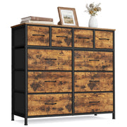 Rustic brown fabric chest of 10 drawers with black steel frame, shown straight on