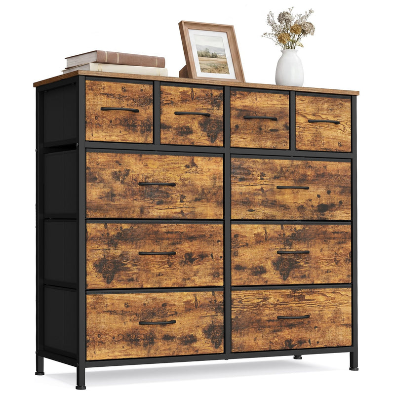 Rustic brown fabric chest of 10 drawers with black steel frame, shown straight on