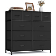 Ink black fabric chest of 10 drawers with black steel frame, shown straight on